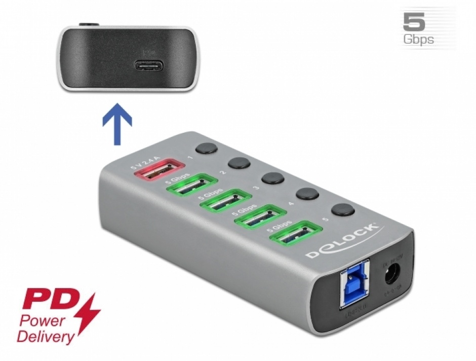 Imagine HUB USB 3.2 Gen 1 cu 4 porturi + 1 Fast Charging + 1 USB-C PD 3.0 cu iluminare + switch ON/Off, Delock 63263